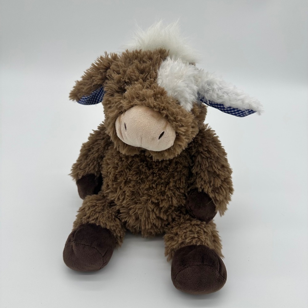 Baby Ganz Happy Hill Farm Cow Shaggy Brown White Gingham Plush‎ BG4434 14inch